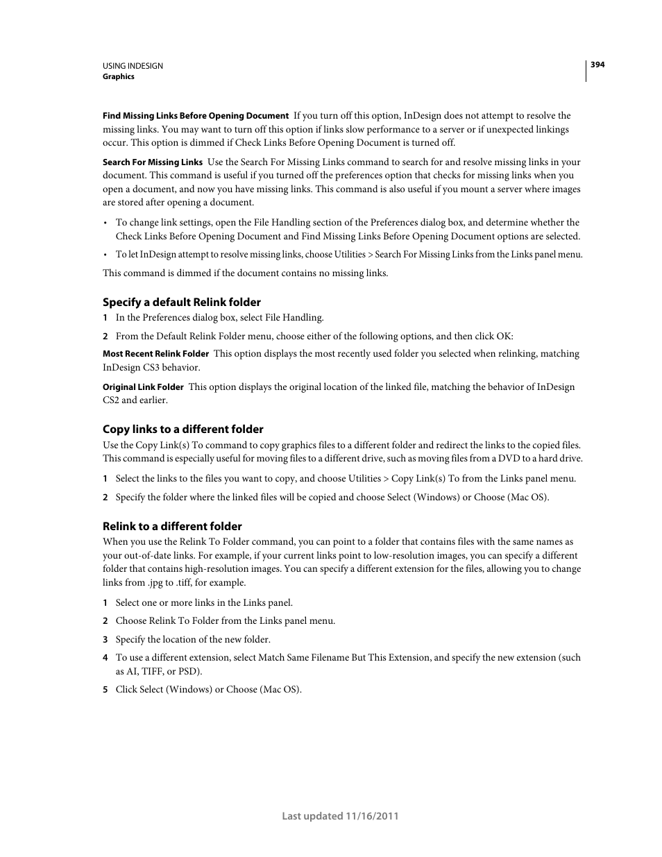 Specify a default relink folder, Copy links to a different folder, Relink to a different folder | Adobe InDesign CS5 User Manual | Page 400 / 710