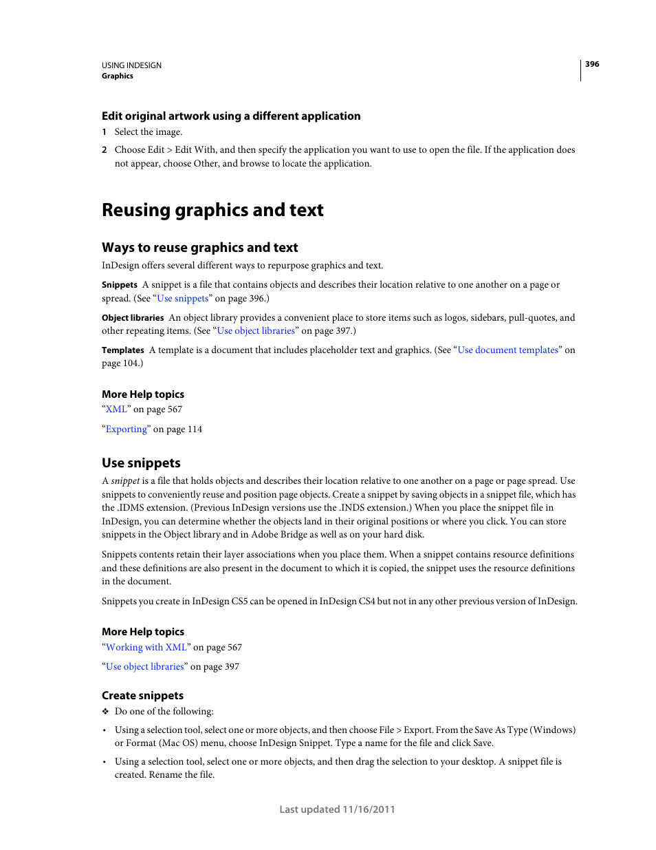 Reusing graphics and text, Ways to reuse graphics and text, Use snippets | Create snippets | Adobe InDesign CS5 User Manual | Page 402 / 710