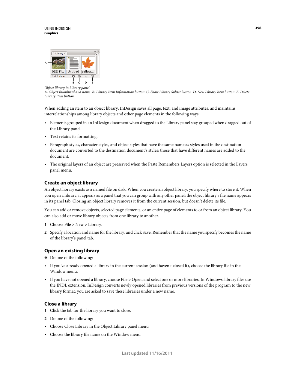 Create an object library, Open an existing library, Close a library | Adobe InDesign CS5 User Manual | Page 404 / 710