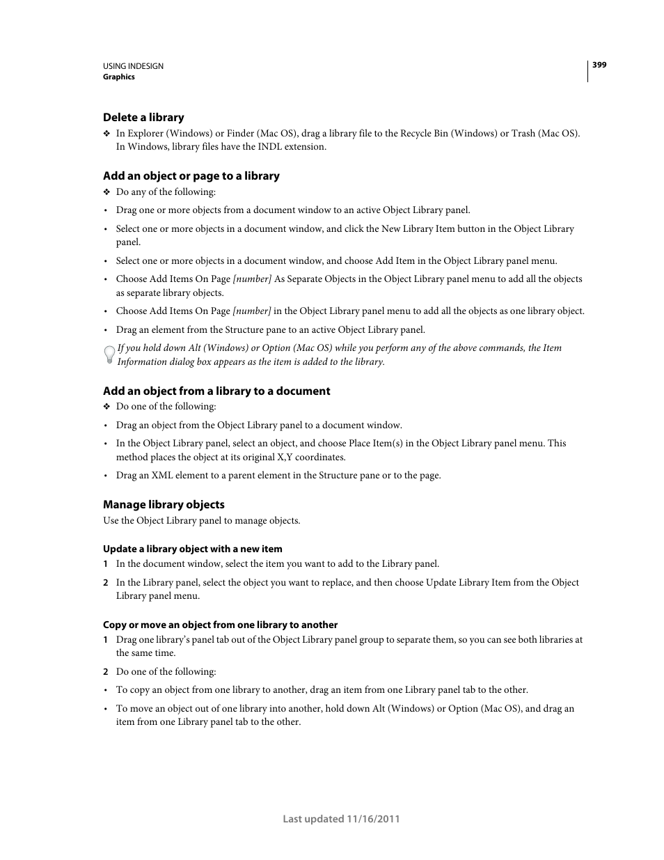 Delete a library, Add an object from a library to a document, Manage library objects | Adobe InDesign CS5 User Manual | Page 405 / 710