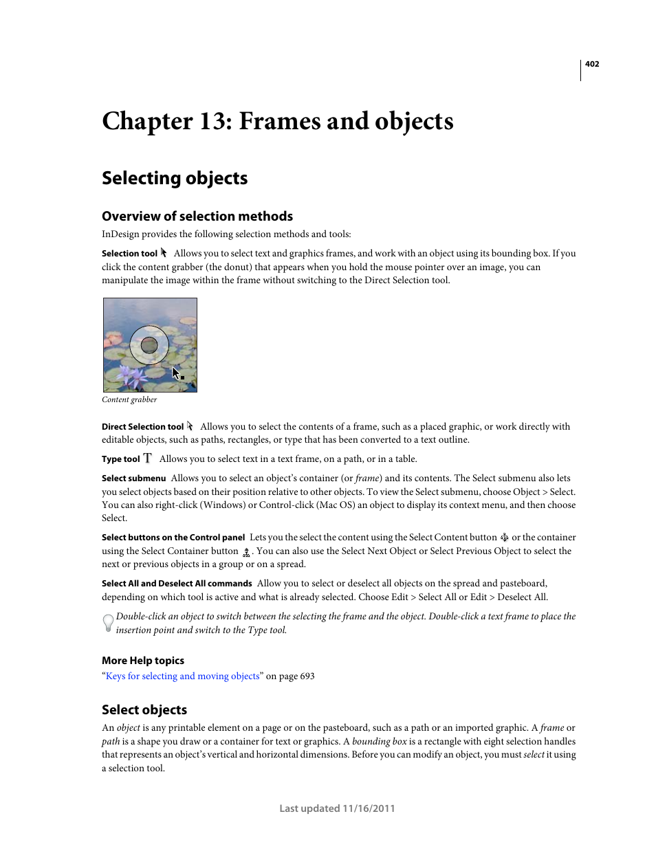 Chapter 13: frames and objects, Selecting objects, Overview of selection methods | Select objects | Adobe InDesign CS5 User Manual | Page 408 / 710