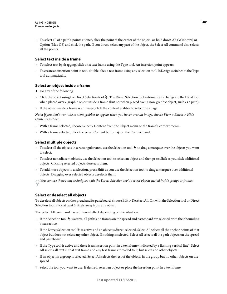 Select text inside a frame, Select an object inside a frame, Select multiple objects | Select or deselect all objects | Adobe InDesign CS5 User Manual | Page 411 / 710