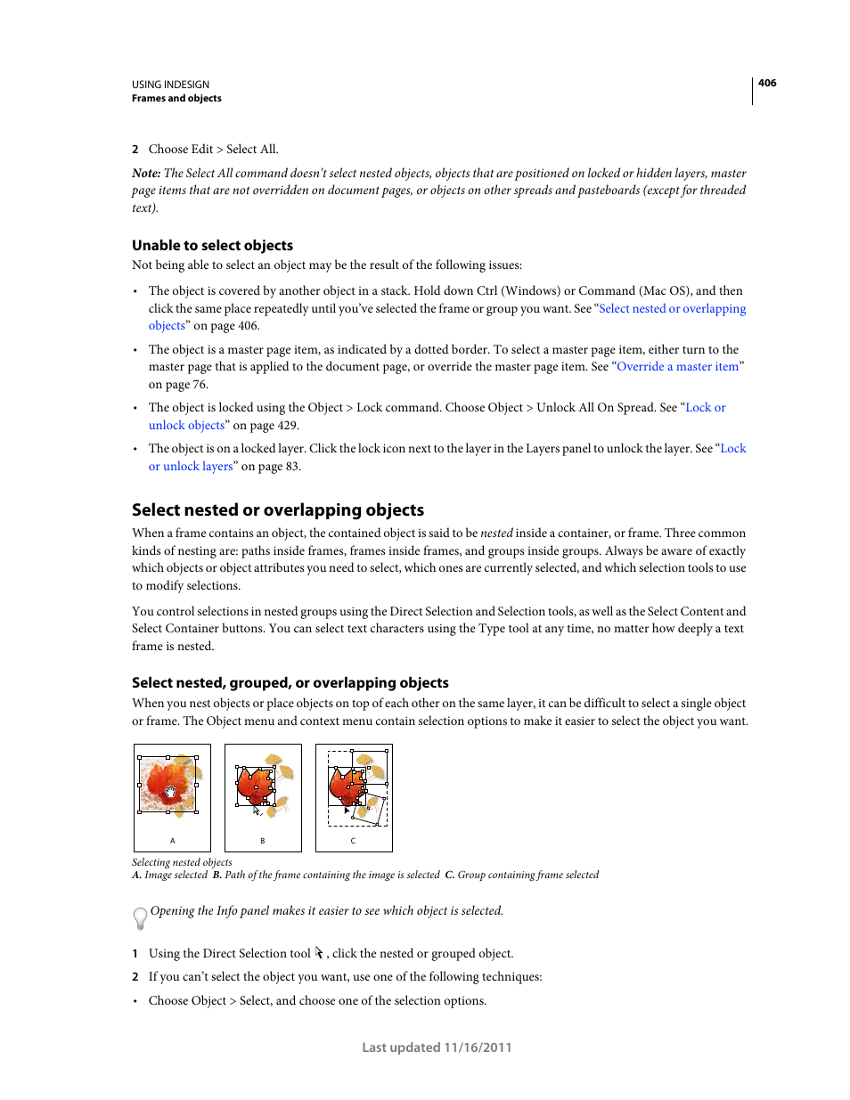 Unable to select objects, Select nested or overlapping objects, Select nested, grouped, or overlapping objects | Adobe InDesign CS5 User Manual | Page 412 / 710