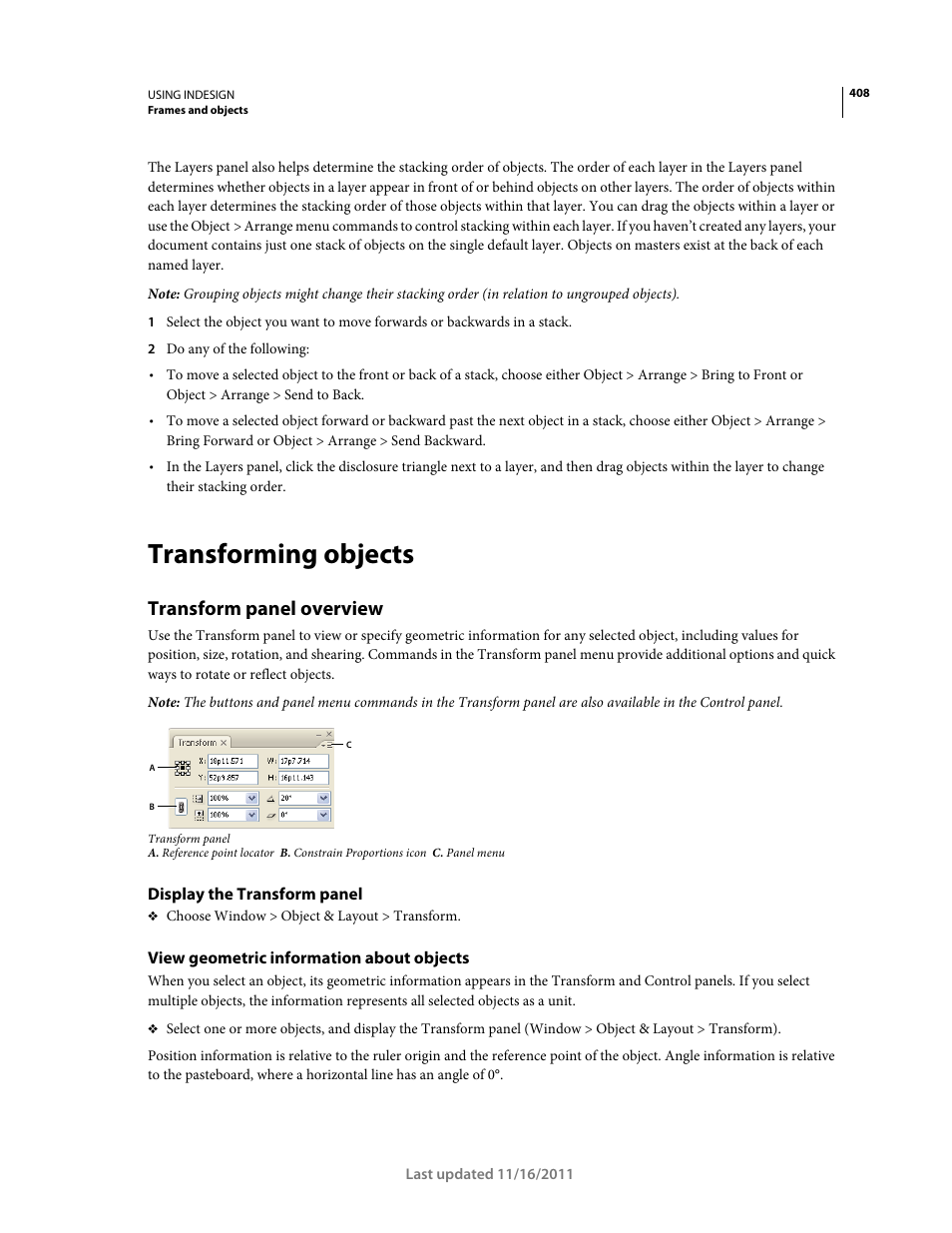 Transforming objects, Transform panel overview, Display the transform panel | View geometric information about objects, Reshape, reorient, and resize objects. (see | Adobe InDesign CS5 User Manual | Page 414 / 710