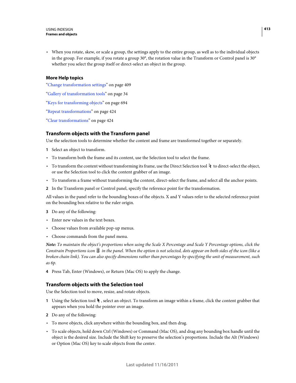 Transform objects with the transform panel, Transform objects with the selection tool | Adobe InDesign CS5 User Manual | Page 419 / 710