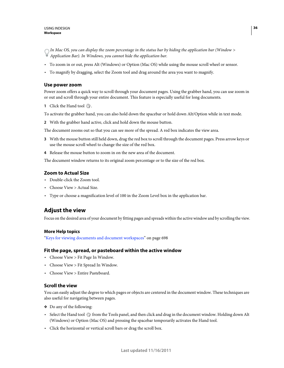 Use power zoom, Zoom to actual size, Adjust the view | Scroll the view | Adobe InDesign CS5 User Manual | Page 42 / 710