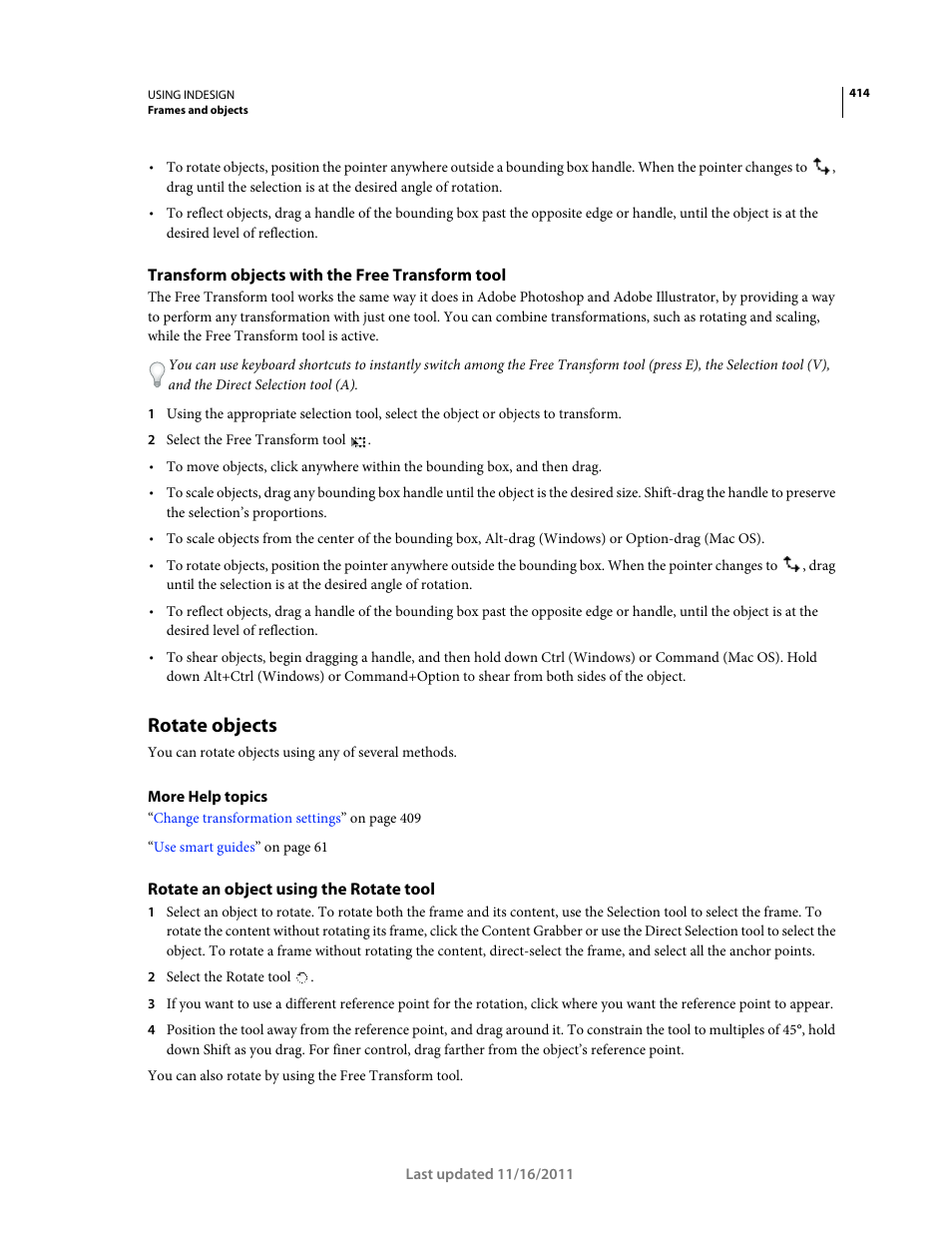 Transform objects with the free transform tool, Rotate objects, Rotate an object using the rotate tool | Adobe InDesign CS5 User Manual | Page 420 / 710