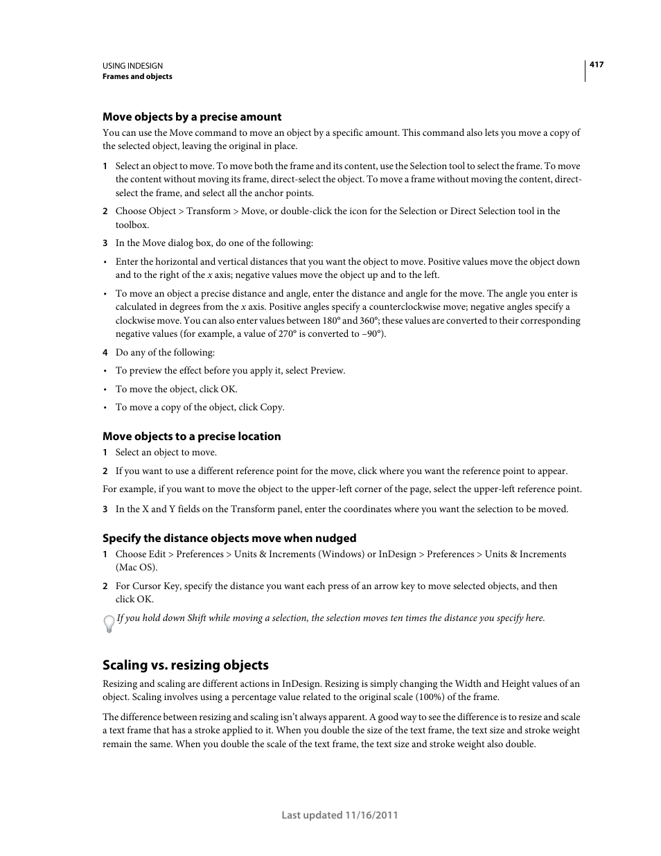 Move objects by a precise amount, Move objects to a precise location, Specify the distance objects move when nudged | Scaling vs. resizing objects | Adobe InDesign CS5 User Manual | Page 423 / 710