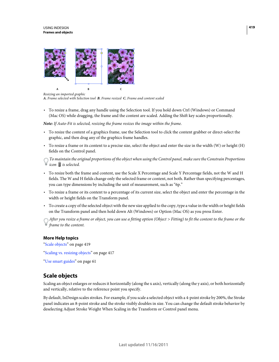 Scale objects, The frame reverts its percentage to 100%. (see | Adobe InDesign CS5 User Manual | Page 425 / 710