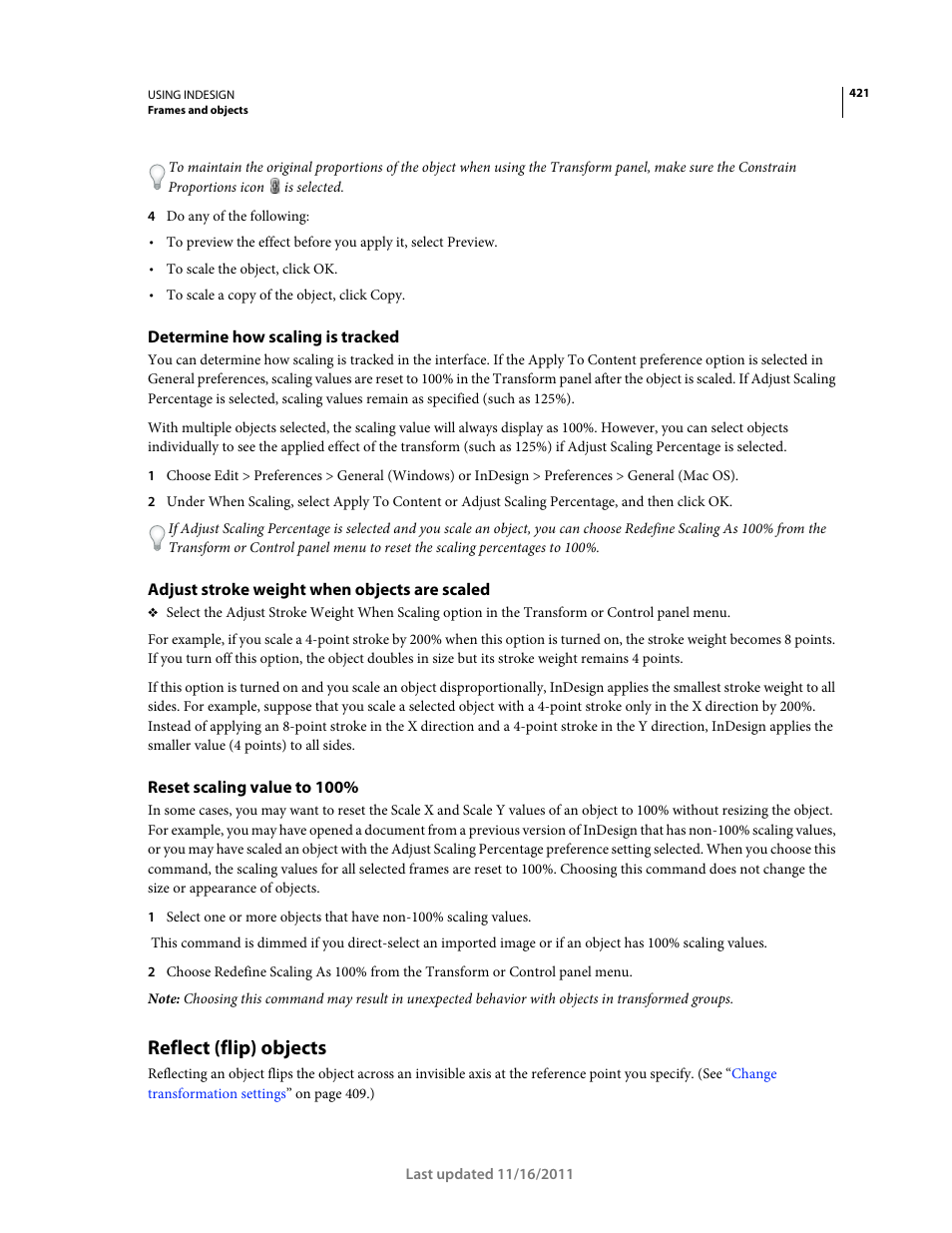 Determine how scaling is tracked, Adjust stroke weight when objects are scaled, Reset scaling value to 100 | Reflect (flip) objects | Adobe InDesign CS5 User Manual | Page 427 / 710