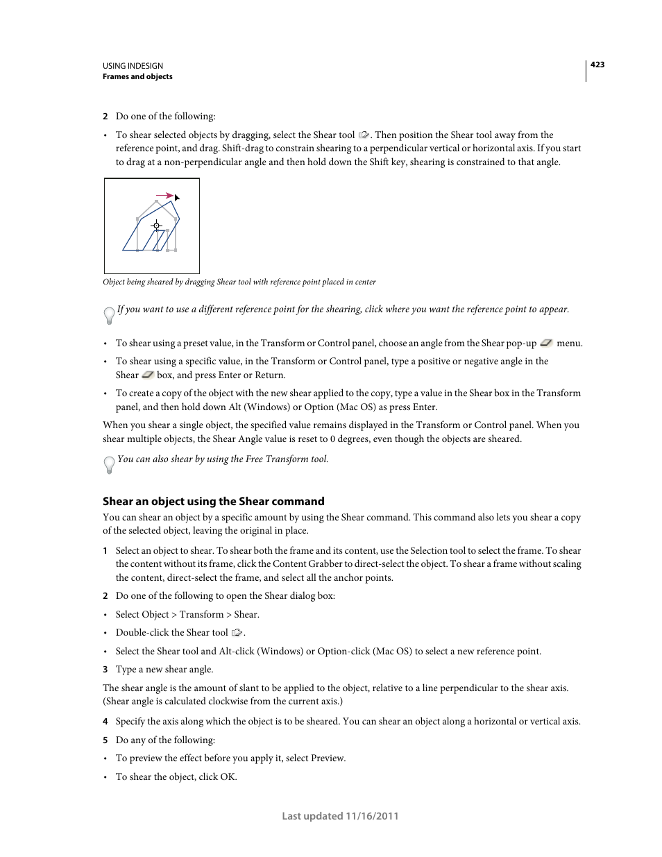 Shear an object using the shear command | Adobe InDesign CS5 User Manual | Page 429 / 710