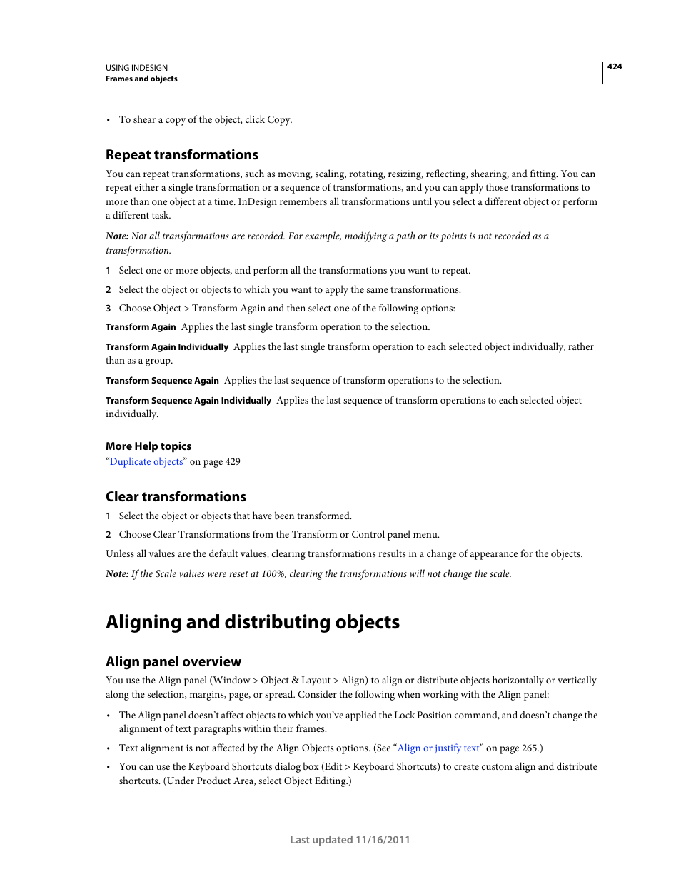 Repeat transformations, Clear transformations, Aligning and distributing objects | Align panel overview | Adobe InDesign CS5 User Manual | Page 430 / 710