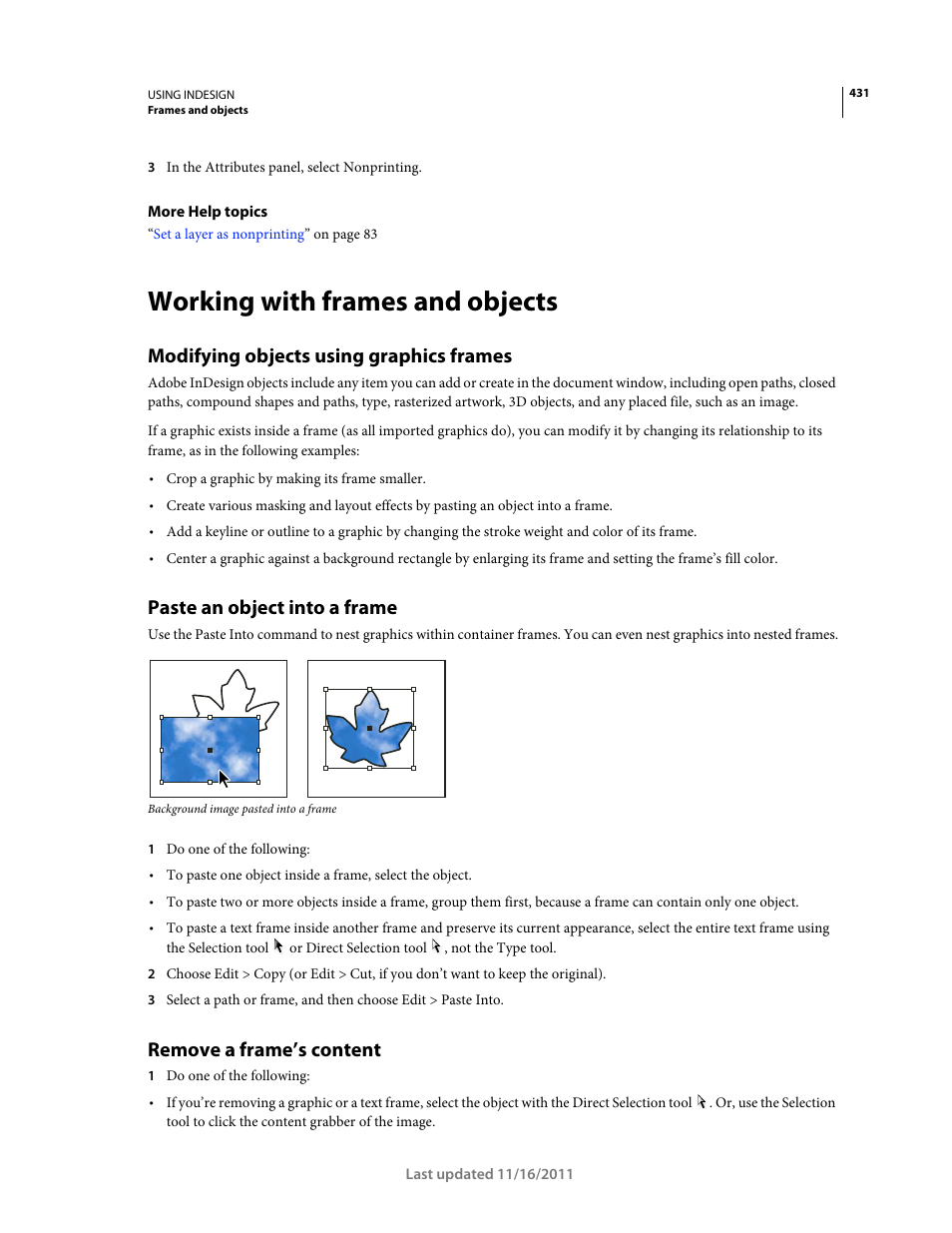 Working with frames and objects, Modifying objects using graphics frames, Paste an object into a frame | Remove a frame’s content, Indicates what’s selected, see | Adobe InDesign CS5 User Manual | Page 437 / 710