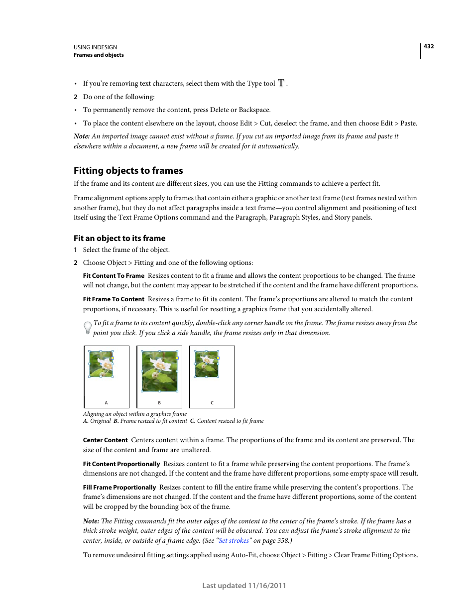 Fitting objects to frames, Fit an object to its frame | Adobe InDesign CS5 User Manual | Page 438 / 710