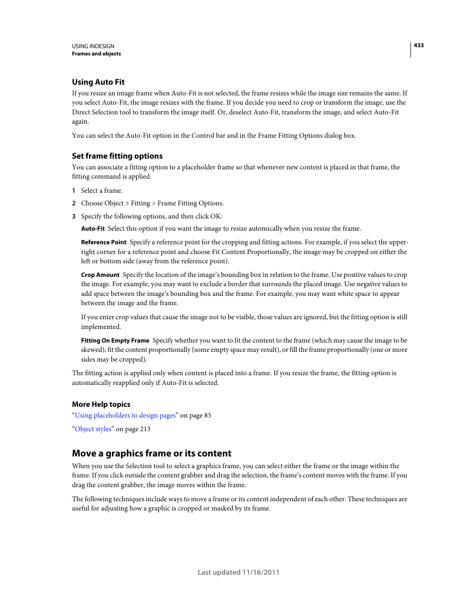 Using auto fit, Set frame fitting options, Move a graphics frame or its content | Using auto | Adobe InDesign CS5 User Manual | Page 439 / 710