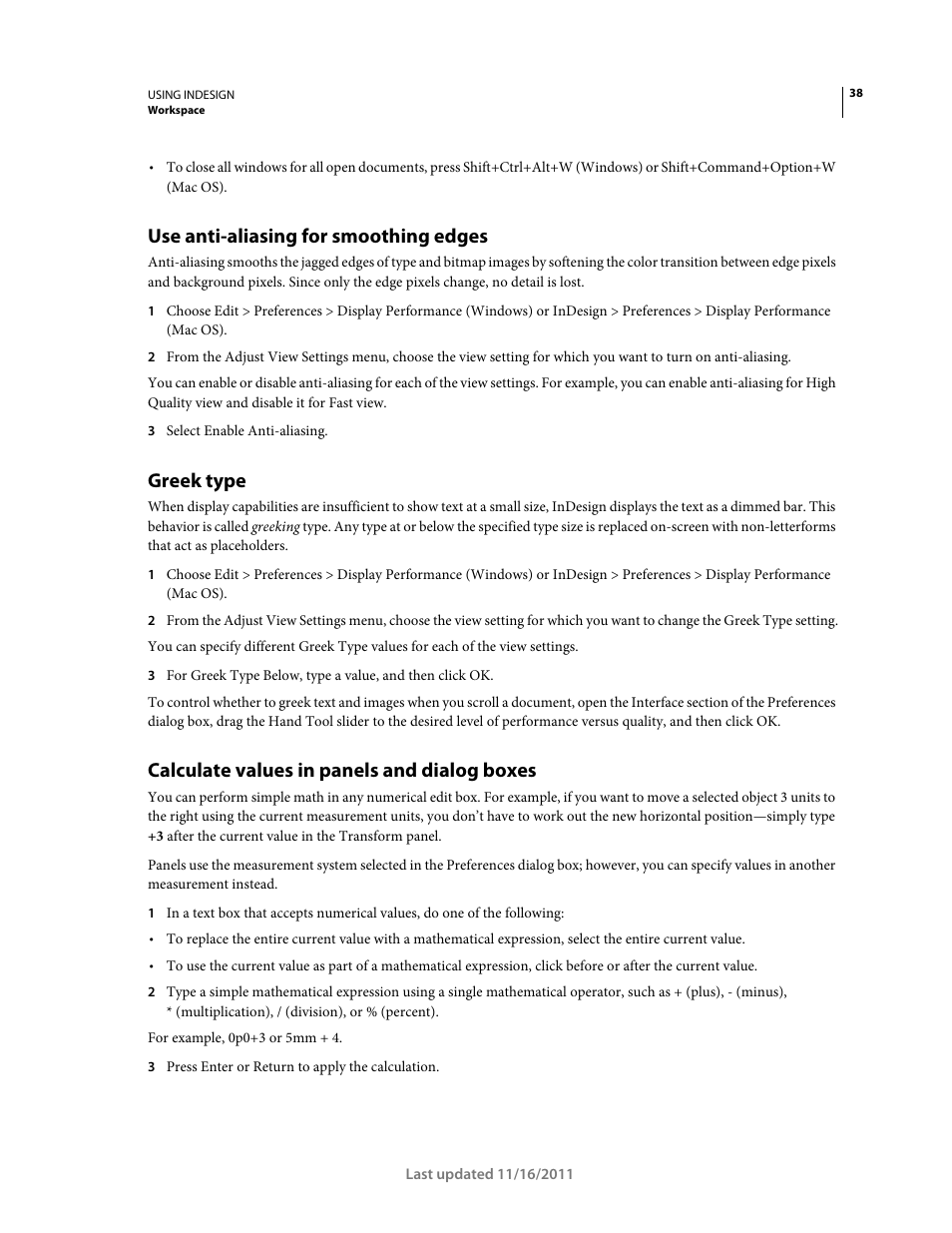 Use anti-aliasing for smoothing edges, Greek type, Calculate values in panels and dialog boxes | Adobe InDesign CS5 User Manual | Page 44 / 710