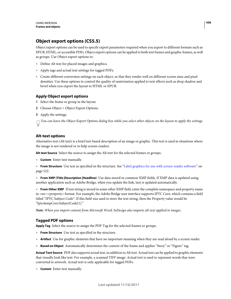 Object export options (cs5.5), Apply object export options, Alt-text options | Tagged pdf options, Apply object, Export options | Adobe InDesign CS5 User Manual | Page 442 / 710