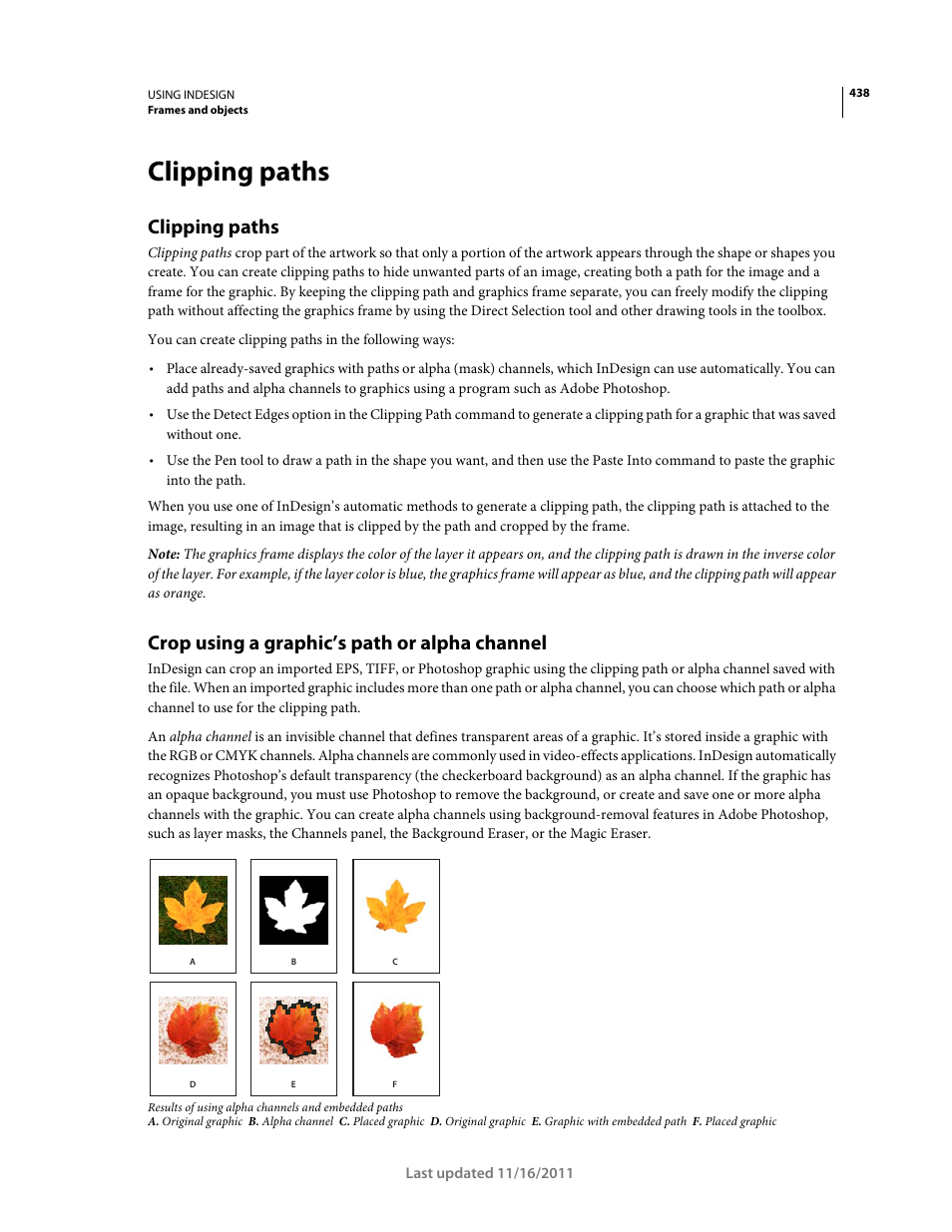 Clipping paths, Crop using a graphic’s path or alpha channel | Adobe InDesign CS5 User Manual | Page 444 / 710