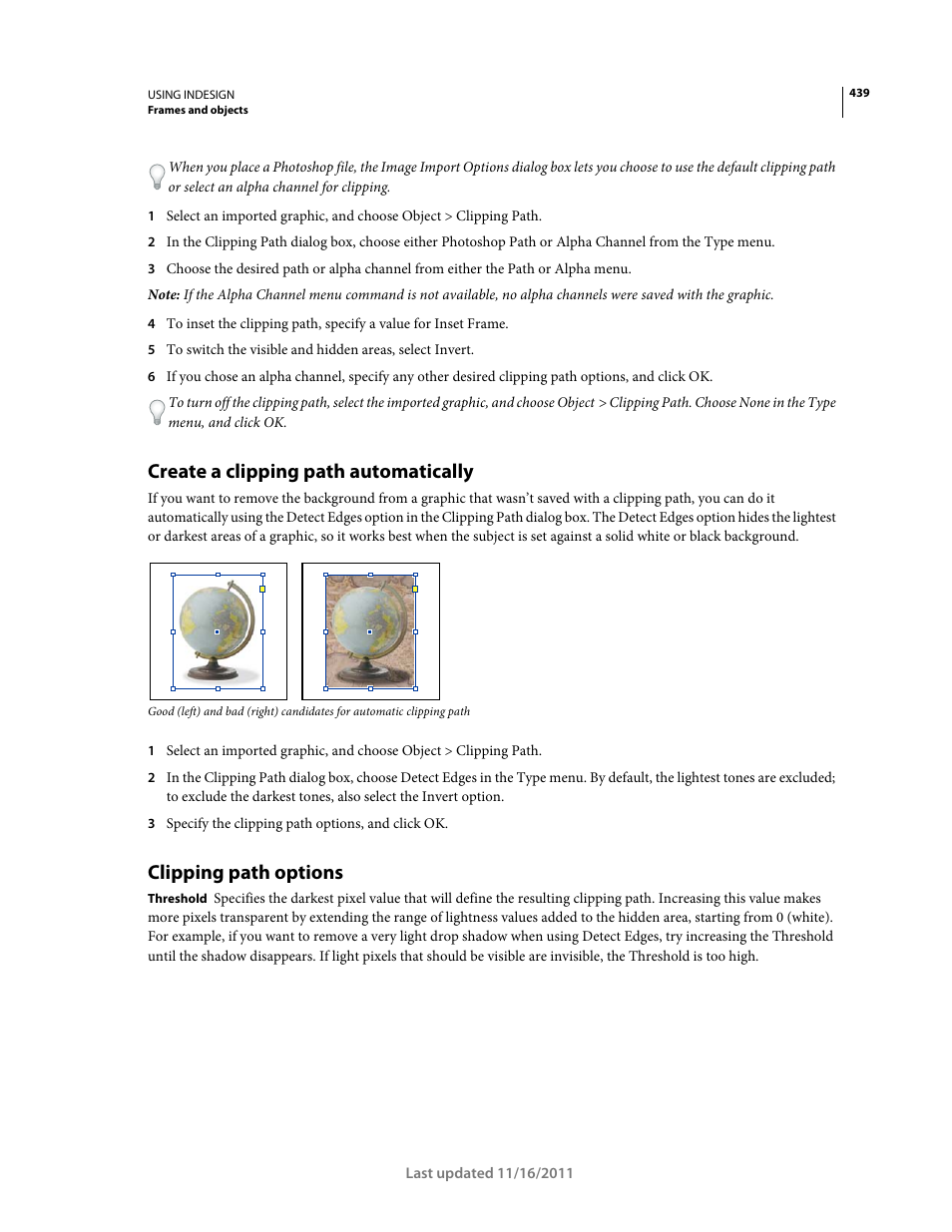 Create a clipping path automatically, Clipping path options | Adobe InDesign CS5 User Manual | Page 445 / 710