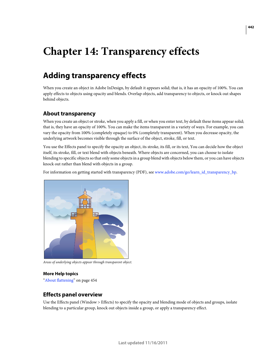 Chapter 14: transparency effects, Adding transparency effects, About transparency | Effects panel overview | Adobe InDesign CS5 User Manual | Page 448 / 710