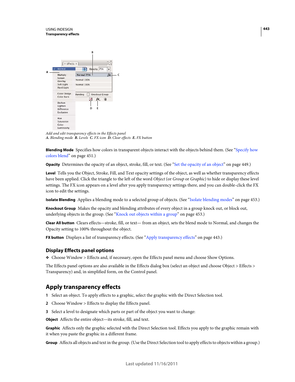 Display effects panel options, Apply transparency effects | Adobe InDesign CS5 User Manual | Page 449 / 710