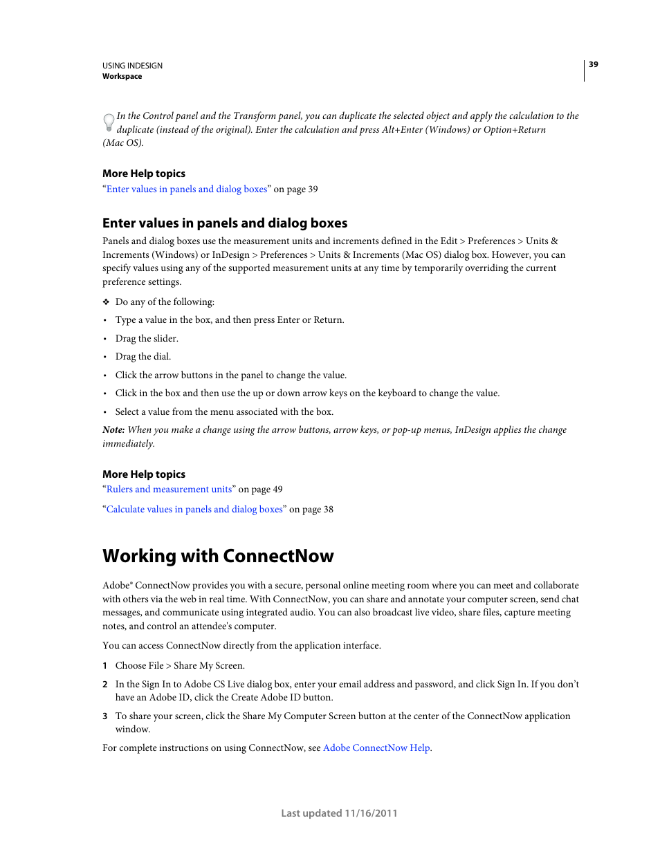 Enter values in panels and dialog boxes, Working with connectnow | Adobe InDesign CS5 User Manual | Page 45 / 710