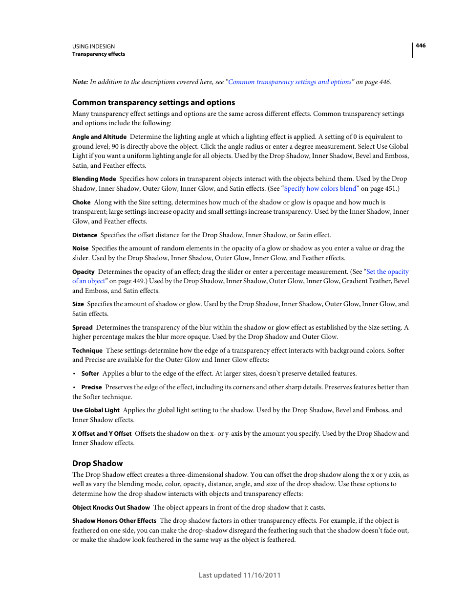 Common transparency settings and options, Drop shadow, Choose options and settings for the effect. (see | Adobe InDesign CS5 User Manual | Page 452 / 710