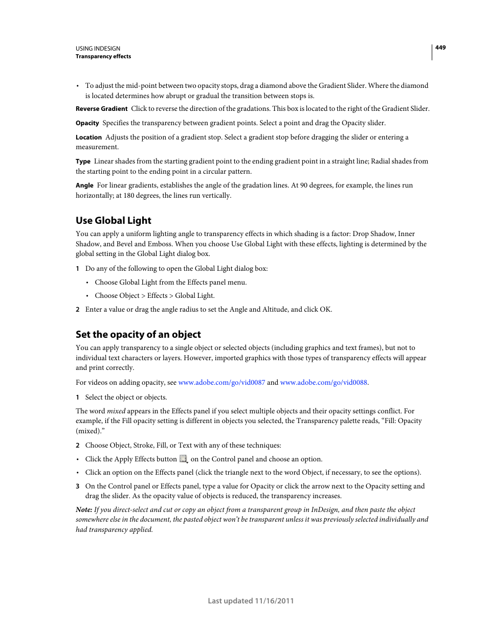 Use global light, Set the opacity of an object, Set the opacity | Of an object | Adobe InDesign CS5 User Manual | Page 455 / 710