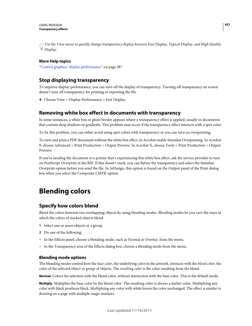 Stop displaying transparency, Blending colors, Specify how colors blend | Blending mode options, Specify how, Colors blend | Adobe InDesign CS5 User Manual | Page 457 / 710