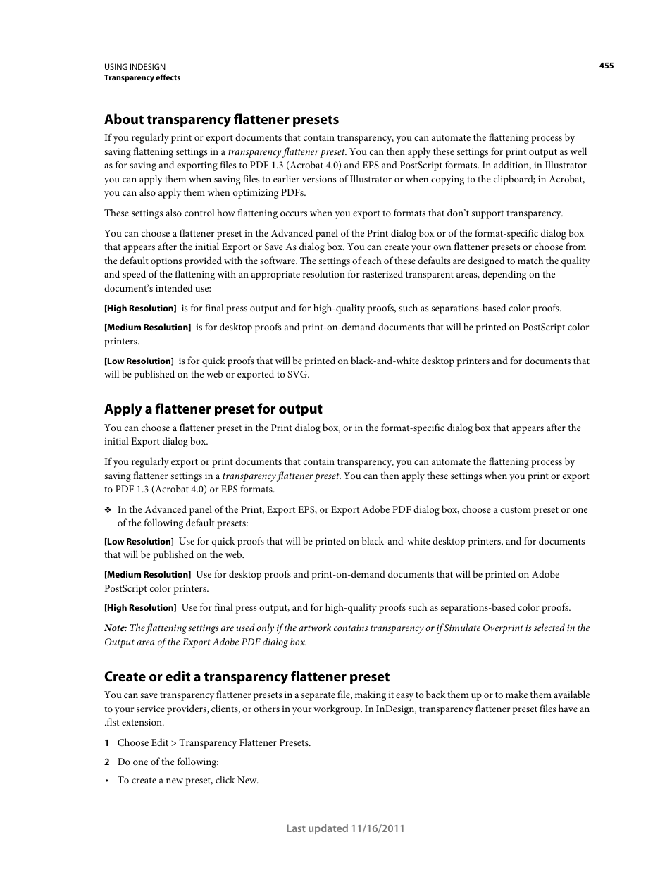 About transparency flattener presets, Apply a flattener preset for output, Create or edit a transparency flattener preset | Adobe InDesign CS5 User Manual | Page 461 / 710