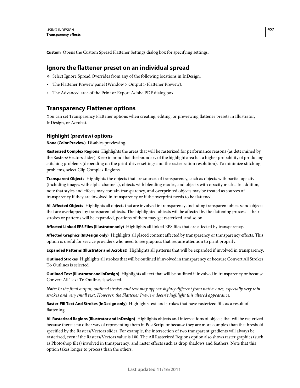 Transparency flattener options, Highlight (preview) options | Adobe InDesign CS5 User Manual | Page 463 / 710