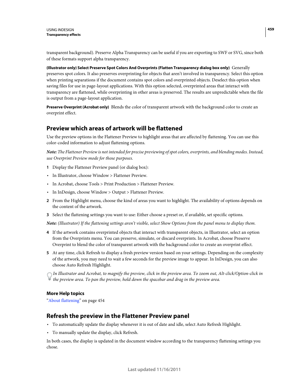 Preview which areas of artwork will be flattened, Refresh the preview in the flattener preview panel | Adobe InDesign CS5 User Manual | Page 465 / 710