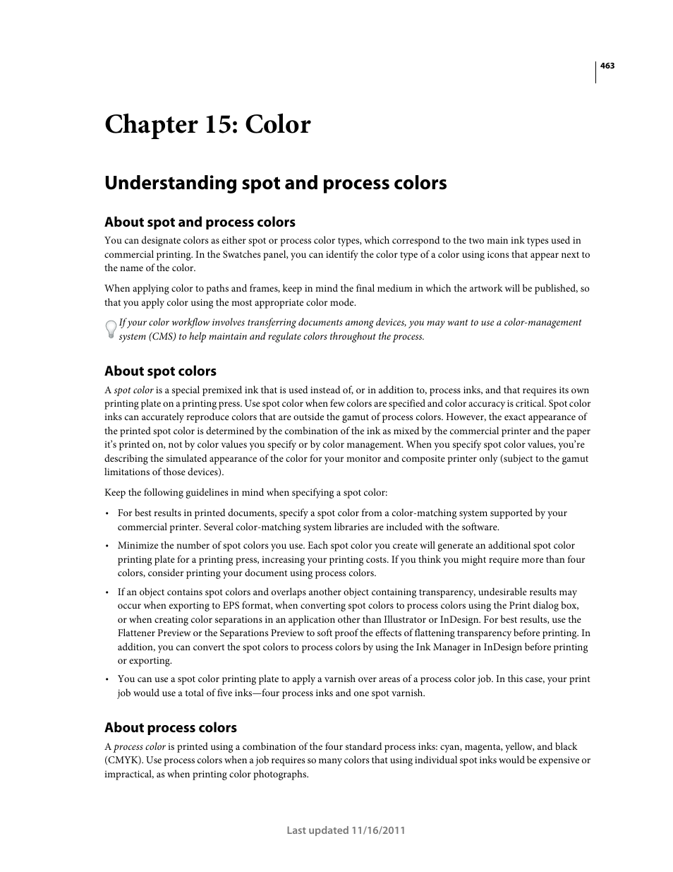 Chapter 15: color, Understanding spot and process colors, About spot and process colors | About spot colors, About process colors | Adobe InDesign CS5 User Manual | Page 469 / 710