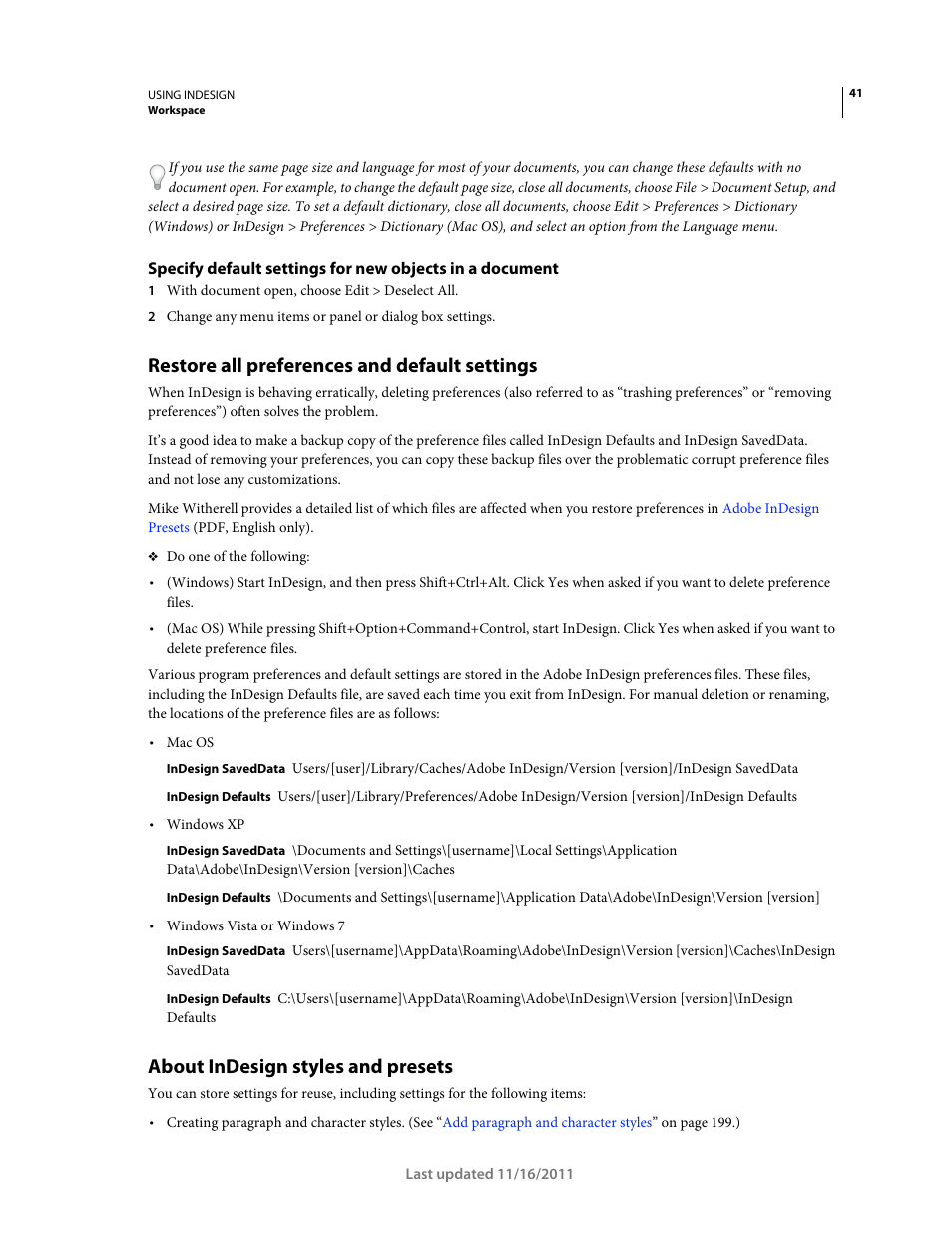 Restore all preferences and default settings, About indesign styles and presets | Adobe InDesign CS5 User Manual | Page 47 / 710