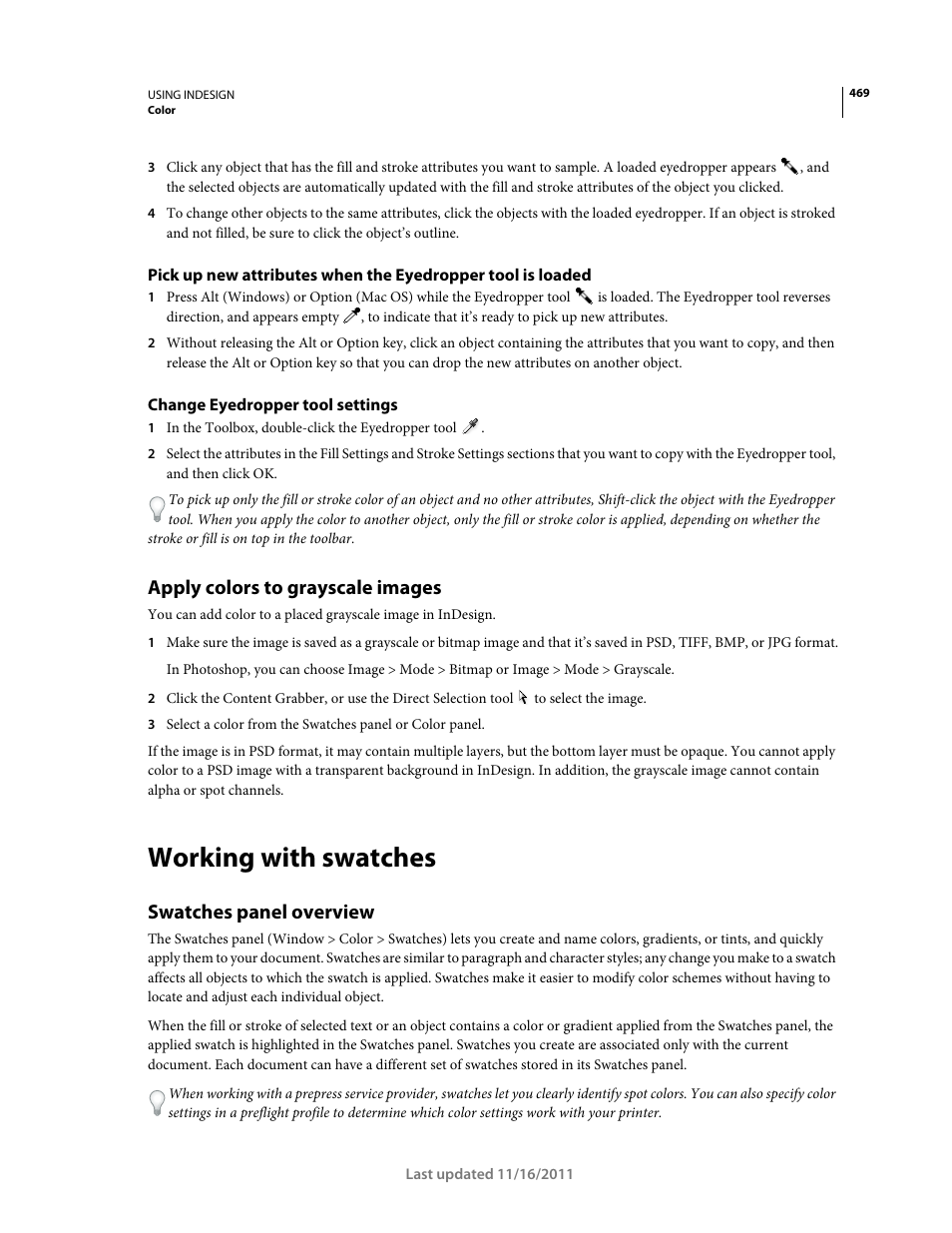 Change eyedropper tool settings, Apply colors to grayscale images, Working with swatches | Swatches panel overview | Adobe InDesign CS5 User Manual | Page 475 / 710