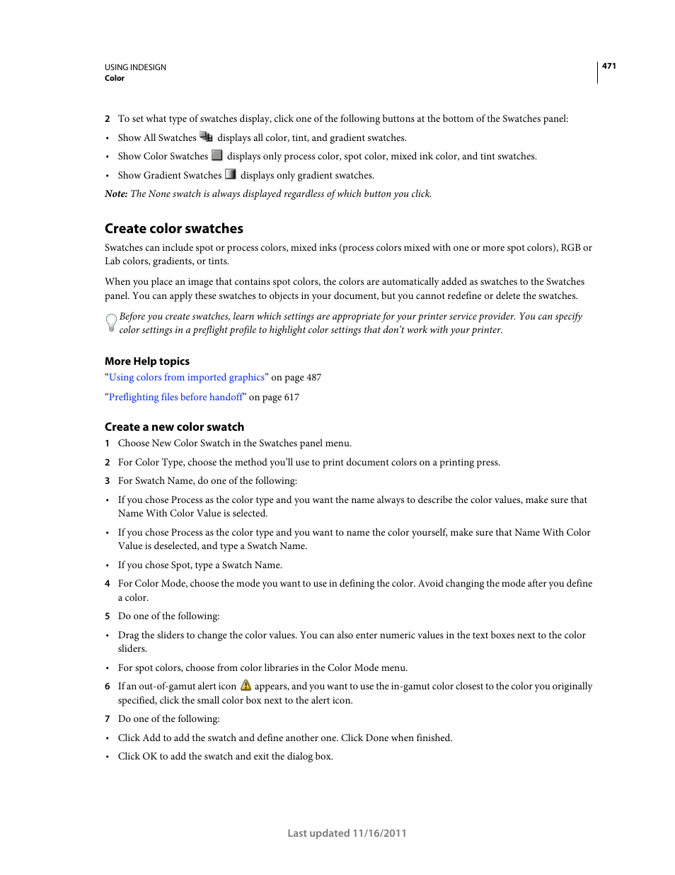 Create color swatches, Create a new color swatch | Adobe InDesign CS5 User Manual | Page 477 / 710