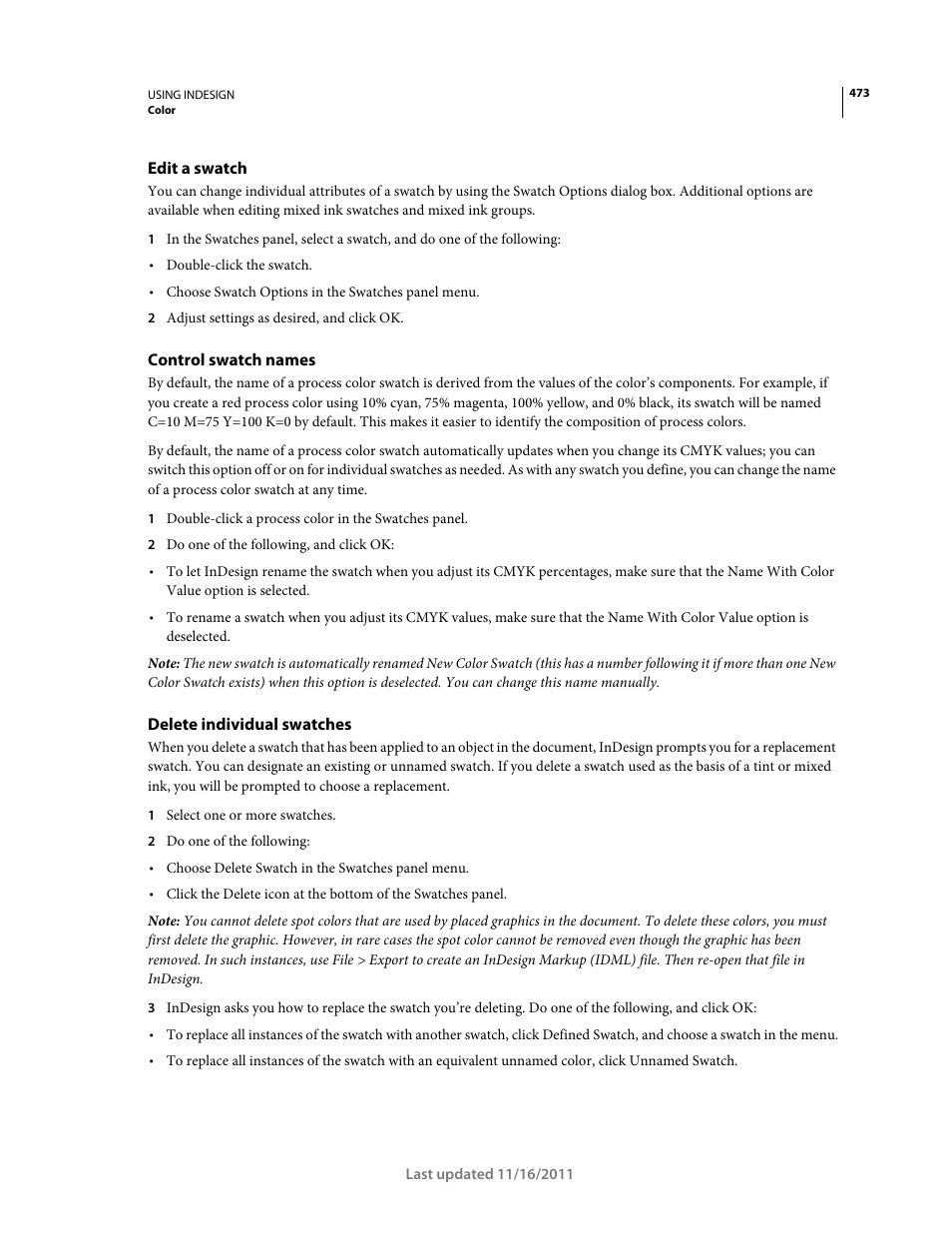 Edit a swatch, Control swatch names, Delete individual swatches | Adobe InDesign CS5 User Manual | Page 479 / 710