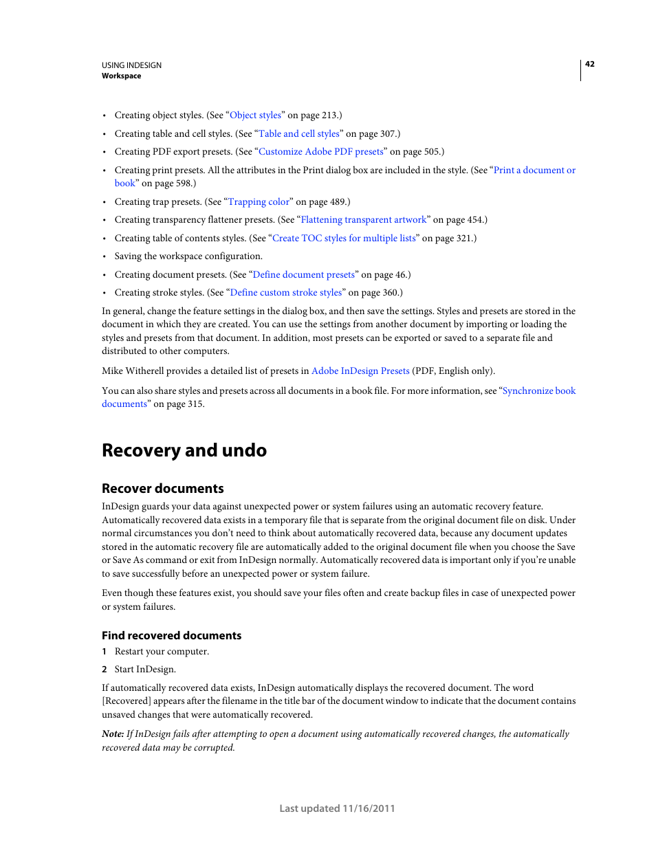 Recovery and undo, Recover documents, Find recovered documents | Adobe InDesign CS5 User Manual | Page 48 / 710