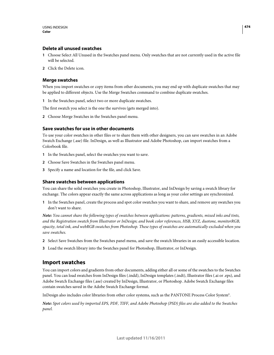 Delete all unused swatches, Merge swatches, Save swatches for use in other documents | Share swatches between applications, Import swatches | Adobe InDesign CS5 User Manual | Page 480 / 710