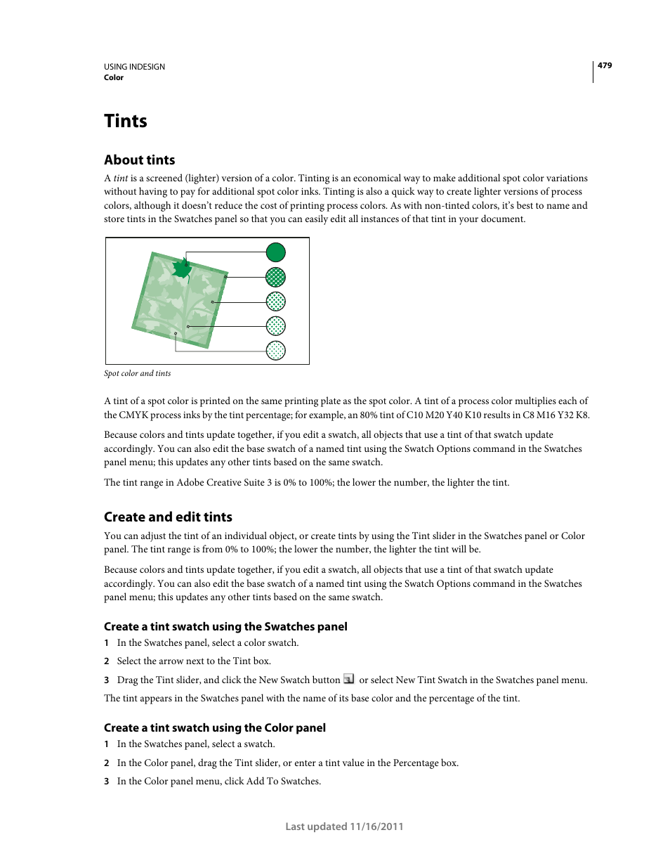 Tints, About tints, Create and edit tints | Create a tint swatch using the swatches panel, Create a tint swatch using the color panel | Adobe InDesign CS5 User Manual | Page 485 / 710