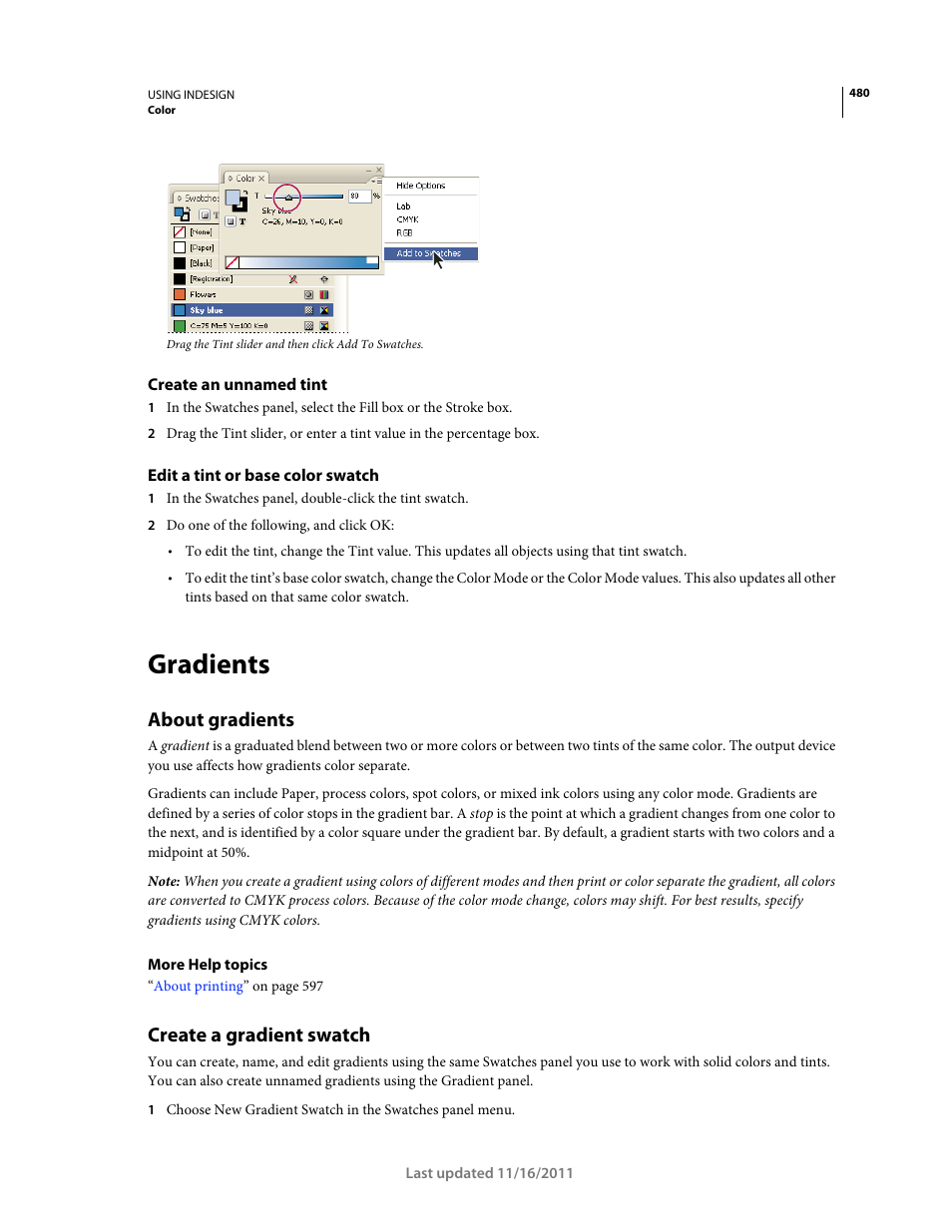 Create an unnamed tint, Edit a tint or base color swatch, Gradients | About gradients, Create a gradient swatch | Adobe InDesign CS5 User Manual | Page 486 / 710