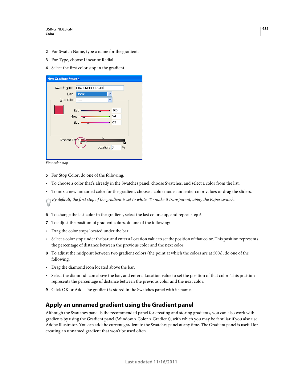 Apply an unnamed gradient using the gradient panel | Adobe InDesign CS5 User Manual | Page 487 / 710