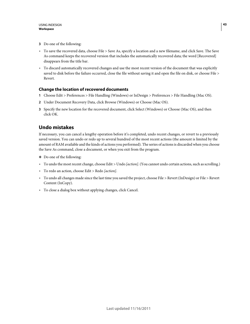 Change the location of recovered documents, Undo mistakes | Adobe InDesign CS5 User Manual | Page 49 / 710