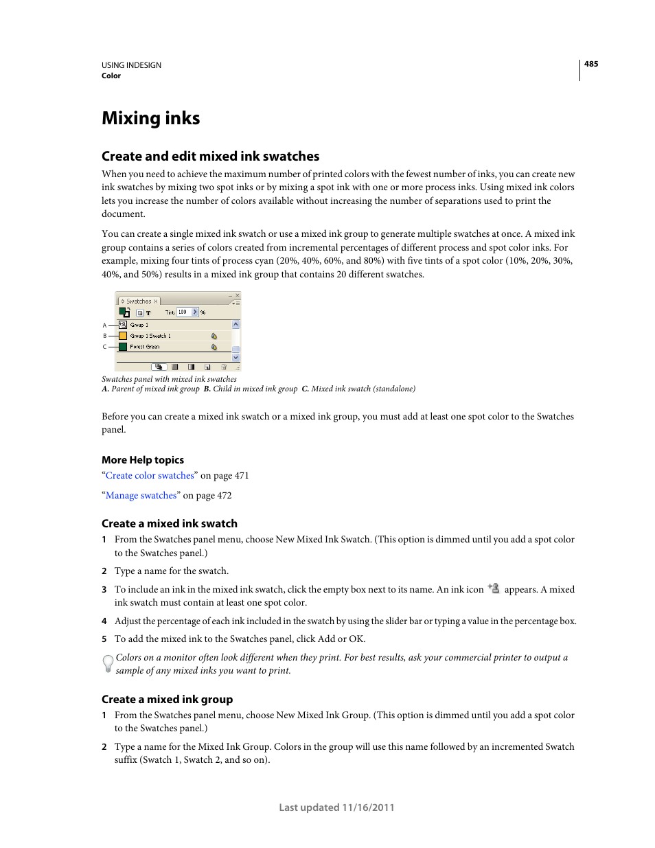Mixing inks, Create and edit mixed ink swatches, Create a mixed ink swatch | Create a mixed ink group | Adobe InDesign CS5 User Manual | Page 491 / 710