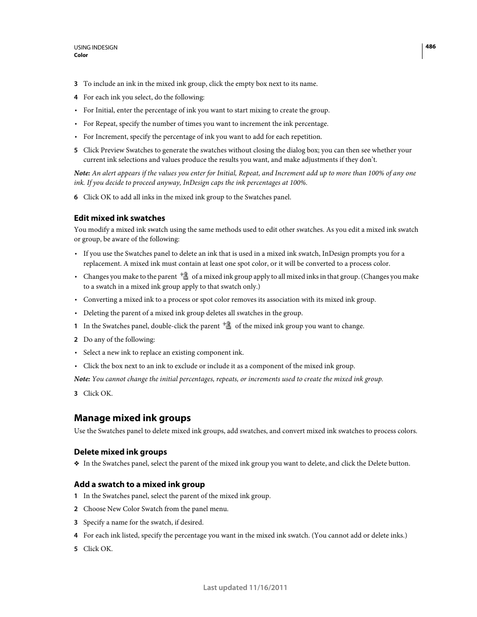 Edit mixed ink swatches, Manage mixed ink groups, Delete mixed ink groups | Add a swatch to a mixed ink group | Adobe InDesign CS5 User Manual | Page 492 / 710