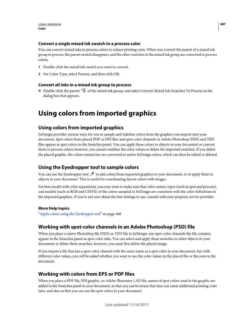 Convert all inks in a mixed ink group to process, Using colors from imported graphics, Using the eyedropper tool to sample colors | Working with colors from eps or pdf files | Adobe InDesign CS5 User Manual | Page 493 / 710