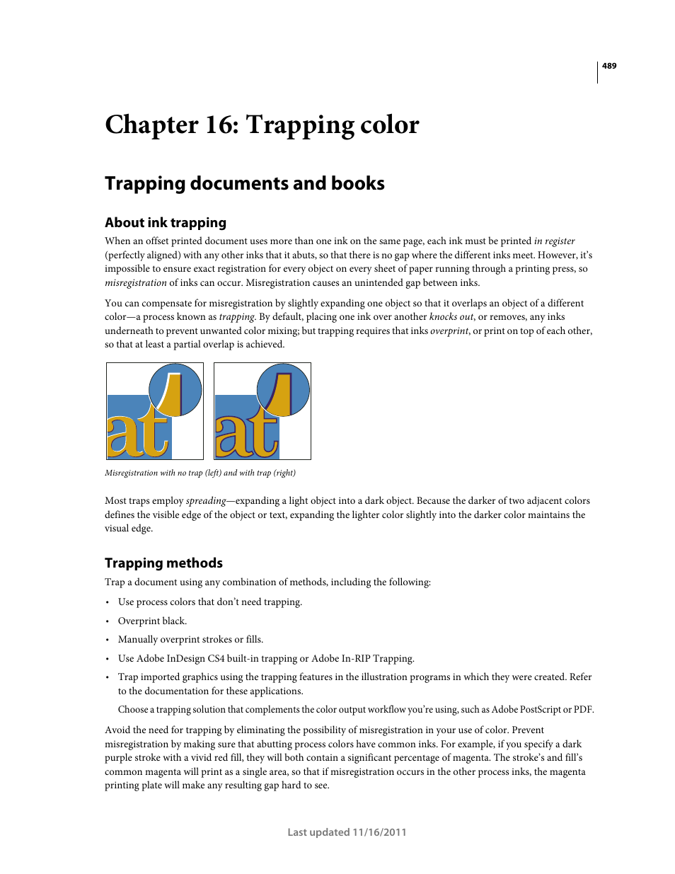 Chapter 16: trapping color, Trapping documents and books, About ink trapping | Trapping methods, Trapping color | Adobe InDesign CS5 User Manual | Page 495 / 710