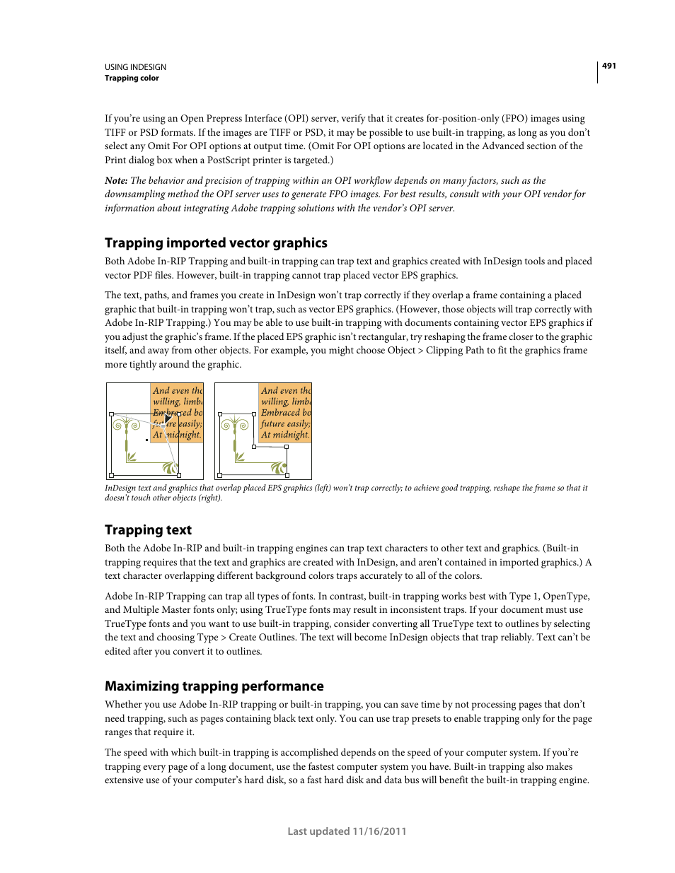 Trapping imported vector graphics, Trapping text, Maximizing trapping performance | Adobe InDesign CS5 User Manual | Page 497 / 710