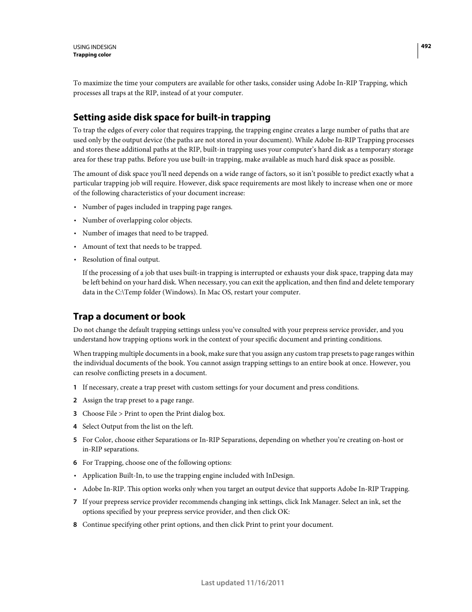 Setting aside disk space for built-in trapping, Trap a document or book | Adobe InDesign CS5 User Manual | Page 498 / 710