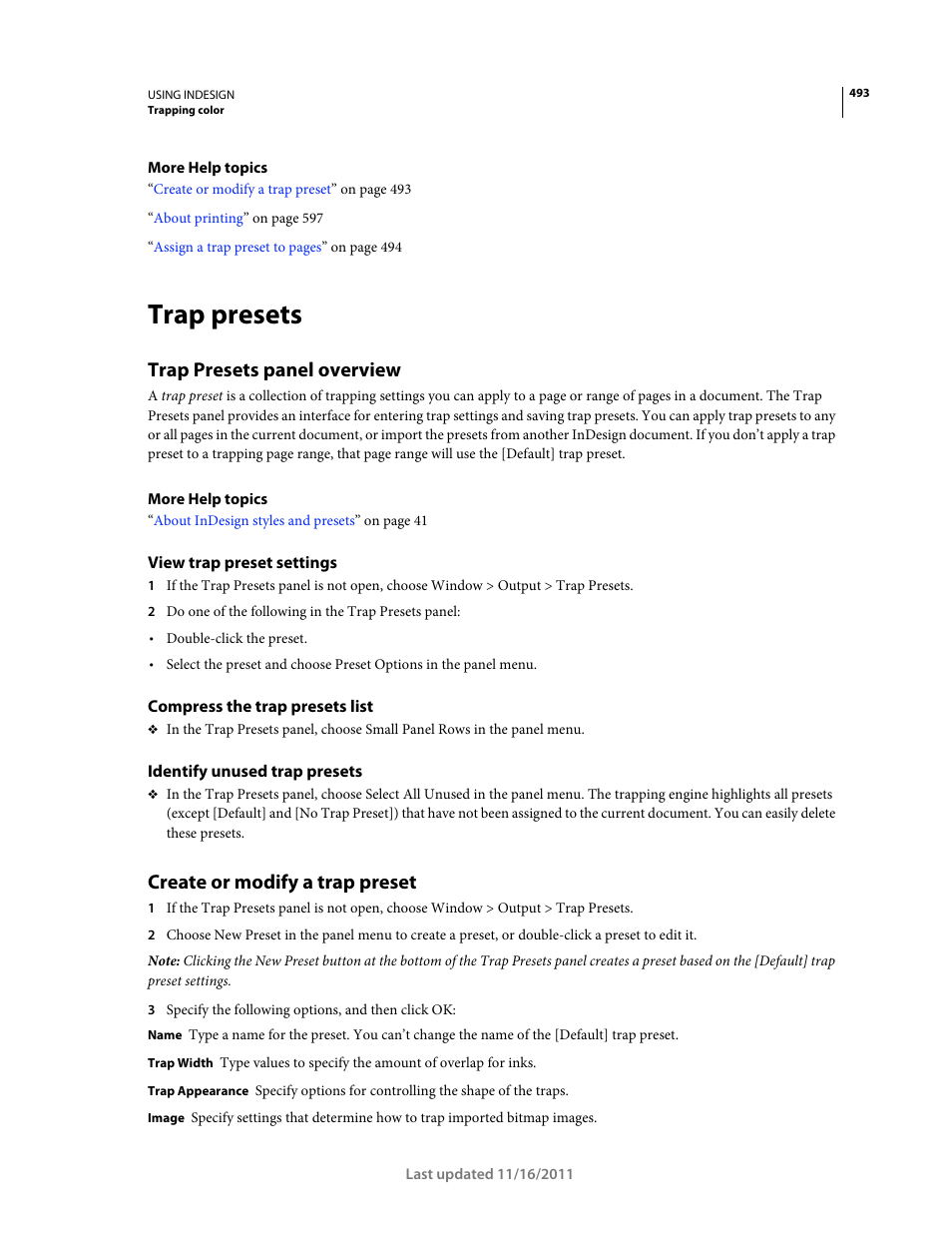 Trap presets, Trap presets panel overview, View trap preset settings | Compress the trap presets list, Identify unused trap presets, Create or modify a trap preset | Adobe InDesign CS5 User Manual | Page 499 / 710